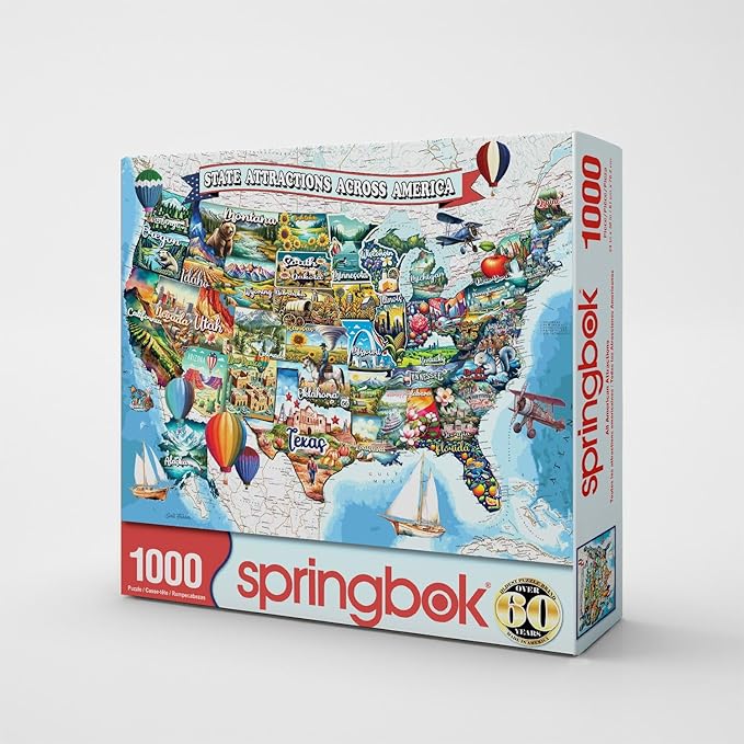 Springbok All American Attractions 1000 Piece Jigsaw Puzzle for Adults - Map of USA - Unique Cut Pieces - Made in USA