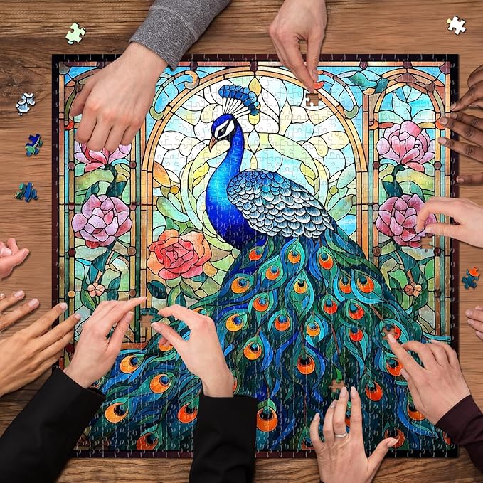 Stained Glass Peacock Puzzles for Adults 1000 Pieces, Vintage Bird Art Puzzle, Impossible Hard Challenging Jigsaw Puzzles for Adults, Colorful Peacock Garden Puzzle as Home Wall Decor
