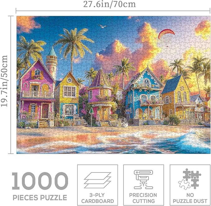 Beach Ocean Summer Puzzle 1000 Pieces for Adults, Colorful House Sunset Hawaii Jigsaw Puzzles, Cottage Seaside Romantic Art Puzzles