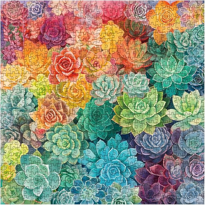 Rainbow Succulent Cactus Puzzle 1000 Piece for Adults, Colorful Gradient Plant Jigsaw Puzzles for Women, Aesthetic Pretty Beautiful Flower Garden Spring Puzzles