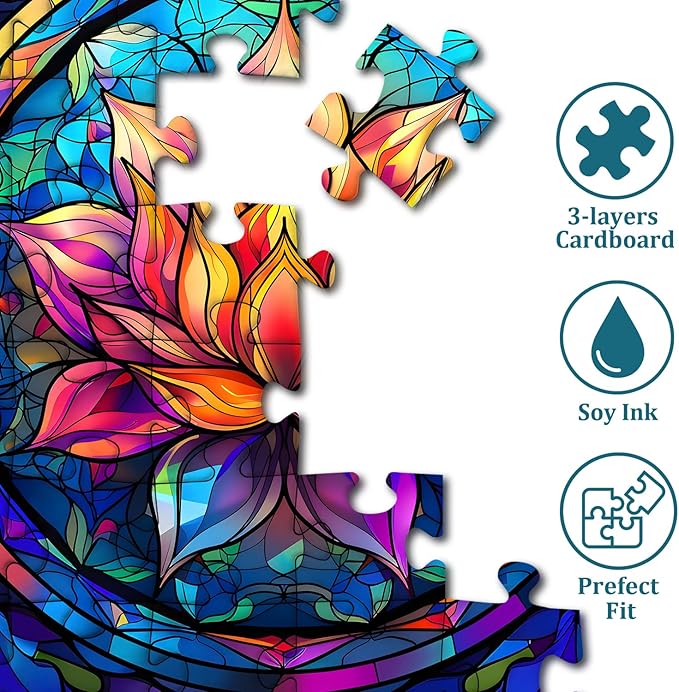 Stained Glass Puzzle for Adults 1000 Pieces, Lotus Flower Puzzles 1000 Pieces Art, Impossible Hard Challenging, Colorful Stained Glass Jigsaw Puzzle Waterlily