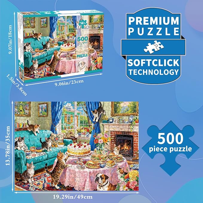 500 Piece Jigsaw Puzzle for Adults Whimsical Tea Party with Kittens Bulldog Cozy English Living Room Scene Challenging Paper Puzzle for Cat Lovers Game Nights Home Decor