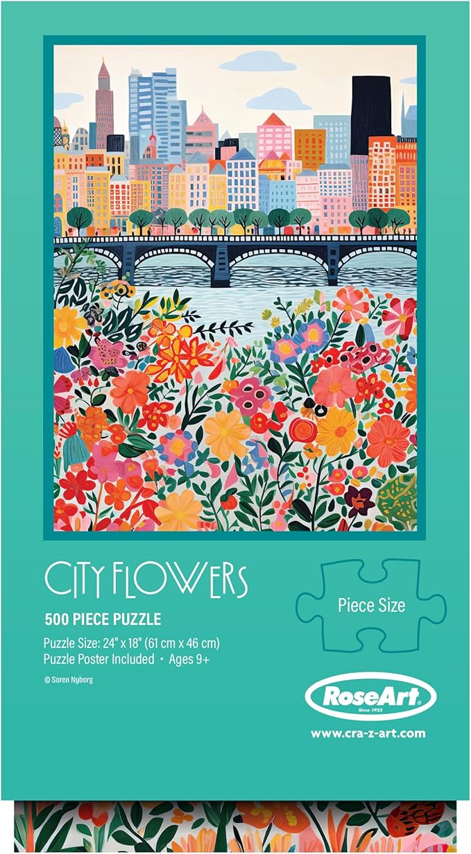 RoseArt - Vertical Visions - City Flowers - 500 Piece Jigsaw Puzzle - Stunning Cityscape and Floral Design Puzzle for Adults