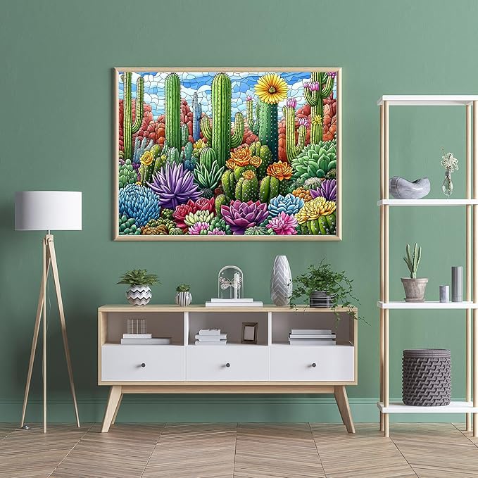 Puzzles for Adults 500 Pieces, Stained Glass Jigsaw Puzzles 500 Pieces - Cactus Garden, Cactus Wall Art Puzzle for Families, Finished Size 20.47 * 14.96”, with 1:1 Poster, Letter on the Back