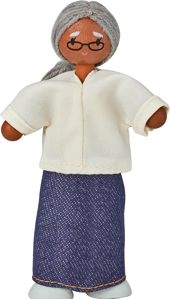 PlanToys® Grandmother Wooden Dollhouse Figurine | Poseable 1:12 Scale Mini Doll (5 Inch) | Dollhouse Accessories for Pretend Play | Eco-Friendly Montessori Toy for Kids Ages 3+