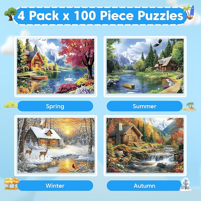 4-Pack 100 Piece Puzzles for Adults 4 Seasons Country Cottages Large Piece Puzzles for Seniors Dementia Alzheimer's Products Activities for Elderly Adults Kids Puzzle for Kids Ages 6-8 8-10