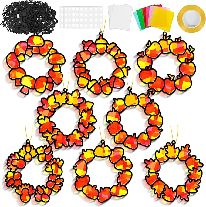32 Sets Fall Thanksgiving Wreath Suncatchers Craft Kit DIY Window Stained Glass Effect autumn Wreath Paper Crafts Home School Classroom Decoration Kid Birthday Gift Creative Art Project Activity Game