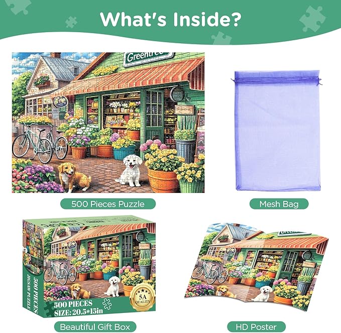 Jigsaw Puzzles for Adults 500 Pieces, Puppy Flower Shop Puzzles 500 Pieces, Challenging Yet Relaxing Jigsaw Puzzle Game for Adults, Glossy Sturdy Vibrant Puzzle Great Gift for Family Friends