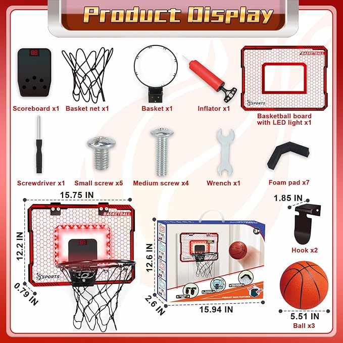 Basketball Hoop Indoor with LED Lights, Basketball Toys Gifts for 5 6 7 8 9 10+ Year Old Boys Kids, Indoor Over The Door Mini Basketball Hoops with Electronic Scoreboard & 3 Balls