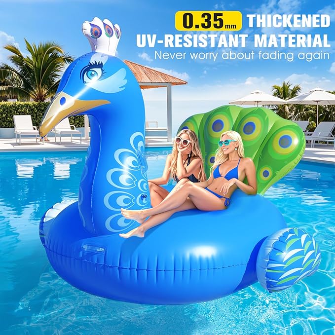 DeeprBetter Inflatable Peacock Pool Float, Gaint Funny Pool Floats Adults, Heavy Duty Pool Floaties Lounger, Large Animal Pool Floats Inflatable Ride-On Floaty for Swimming Pool Party Water Fun