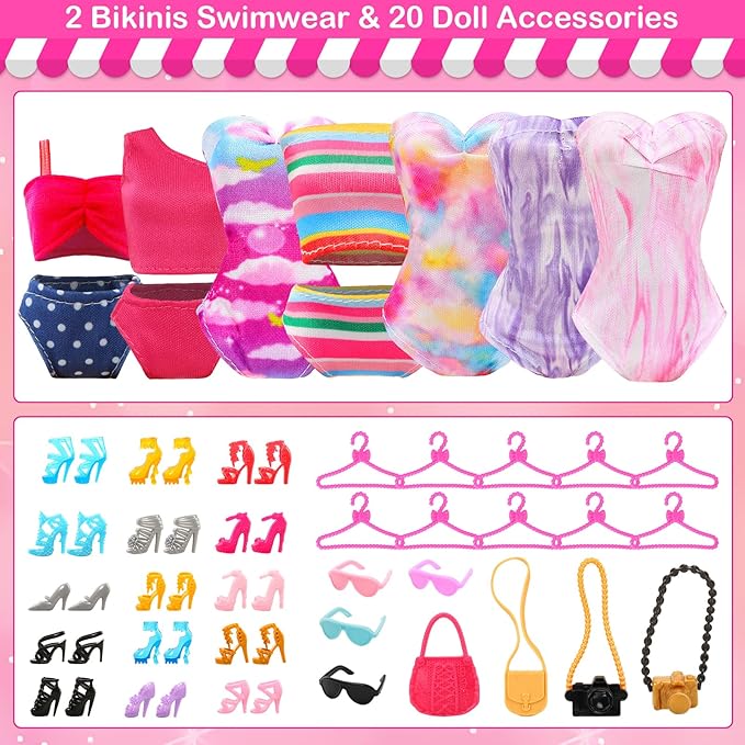 BARWA 37 Pcs Doll Clothes and Accessories for 11.5 Inch Girl Dolls Including 1Sequin Wedding Gown, 5 Tops 5 Pants, 4 Fashion Dresses, 2 Swimwear, 10 Hangers, 5 Pairs of Shoes, Bags, Glasses, Camera