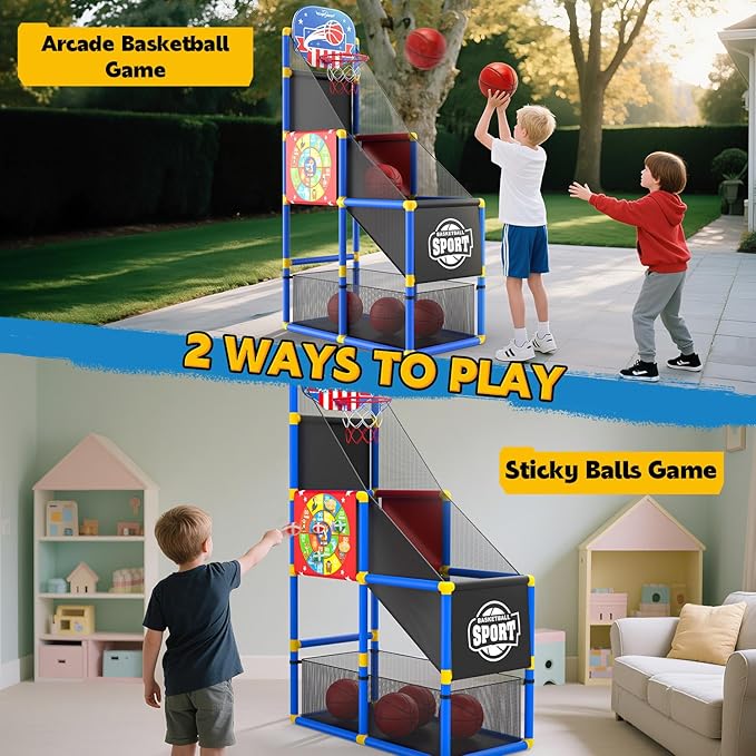 EagleStone 2-in-1 Kids Arcade Basketball Hoop with Dart Board,4 Balls Adjustable Height Basketball Toy Indoor Outdoor Carnival Games Gift for Boys Girls Toddlers Ages 3-6 Years Old,Pump Included