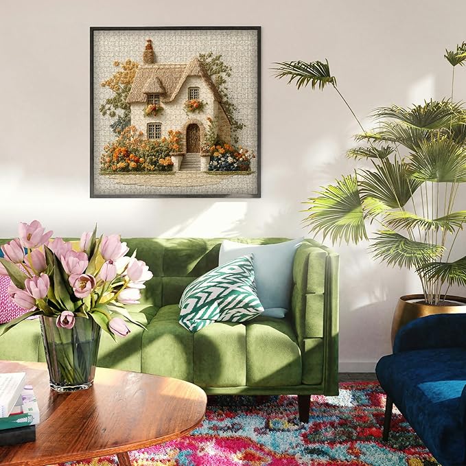 Embroidered Cottage Puzzle for Adults 1000 Pieces, Flower Garden Countryside Puzzle Cottage, Cozy Vintage Cottagecore Floral Art Jigsaw Puzzle, Retro Home Wall Decor