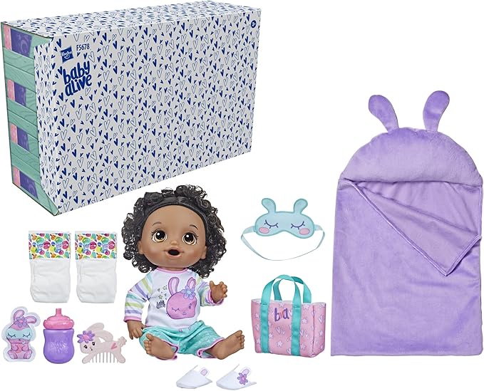 Baby Alive Bunny Sleepover Baby Doll, Bedtime-Themed 12-Inch Dolls, Sleeping Bag & Bunny-Themed Doll Accessories, Toys for 3 Year Old Girls and Boys and Up, Black Hair (Amazon Exclusive)