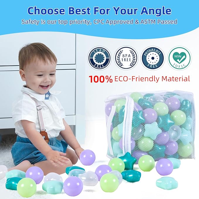 Star Ball Pit Balls for Toddlers -100pcs Ocean Balls Phthalate Free BPA Free Non-Toxic Crush Proof Play Balls Play Tent Pool Playhouse Playpen Party Indoor Outdoor(Mint Lavender)