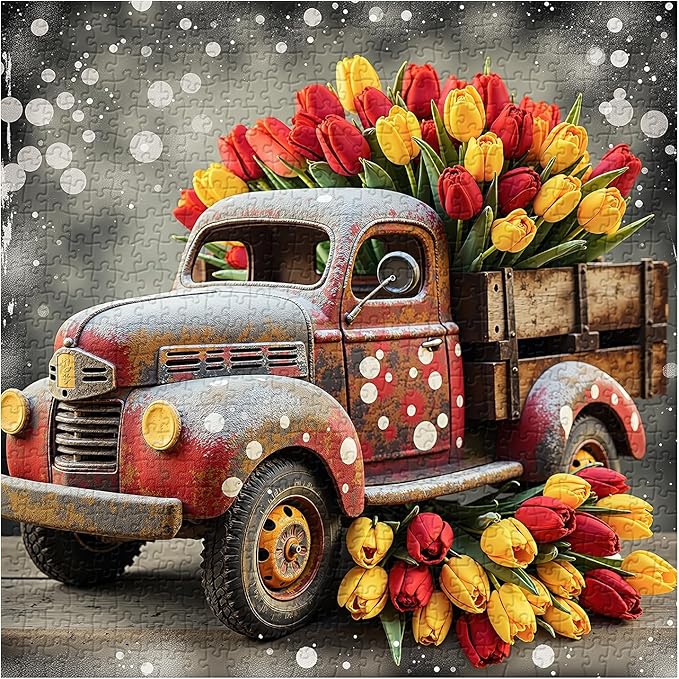 Vintage Truck Puzzles for Adults 1000 Pieces, Tulip Flower Farm Jigsaw Puzzles, Retro Spring Floral Art Puzzle