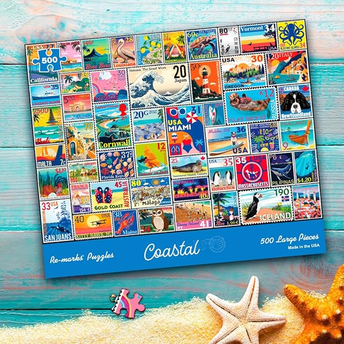 Re-marks Coastal Stamp Collage Puzzle, 500 Large Piece Jigsaw Puzzle for All Ages