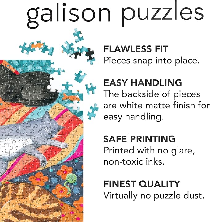 Galison Lounging Cats – 1000 Piece Jigsaw Puzzle Featuring Beautiful Artwork of A Variety of Feline Friends Lounging On Colorful Quilts