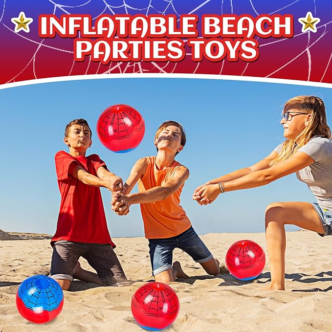 12 Pack Spider Theme Beach Ball 7.87" Inflatable Beach Balls for Summer Water Pool Games Blue and Red Spider Web Birthday Party Decorations Favors Under The Sea Party Decorations