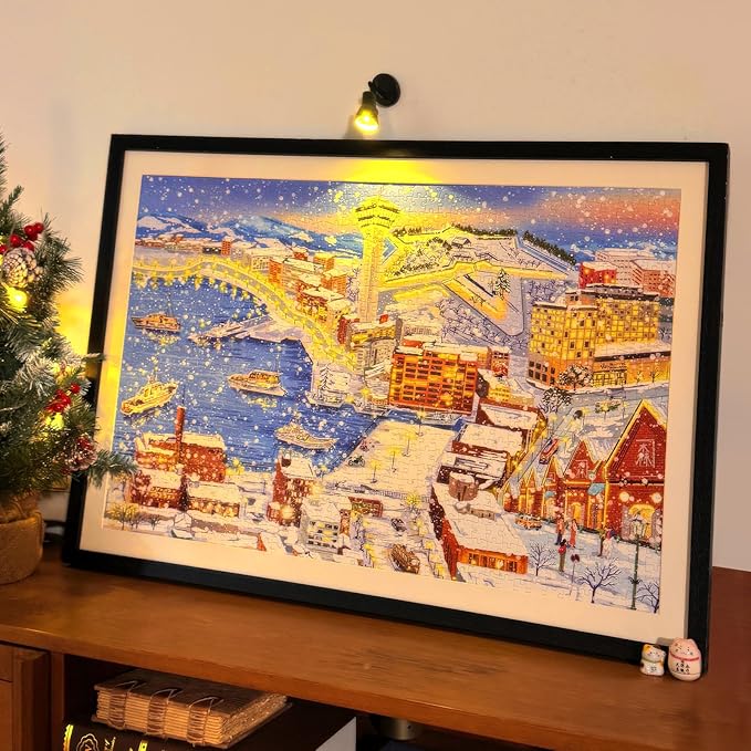 MOMIBOOK 1000 Piece Puzzle for Adults Jigsaw Puzzles of Winter in Hakodate, Twinkle Laminate Winter Town Painting Image Challenging Hard Impossible Puzzle Unique Party Christmas Birthday Gifts