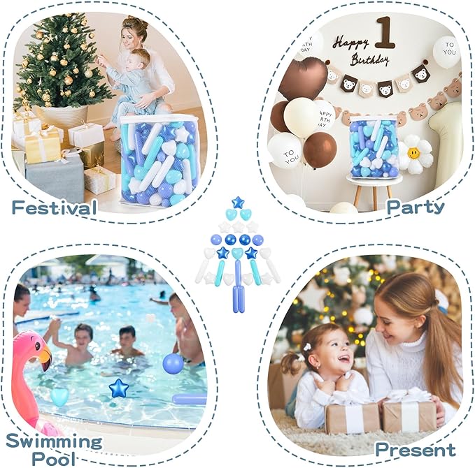 STARBOLO 150 Pcs Ball Pit Balls Stars Hearts Strips, Blue Balls for Ball Pits, Children's Pool Water Toys for Baby Pool, Play Toy Balls for Kids Toddler Birthday Party Decoration