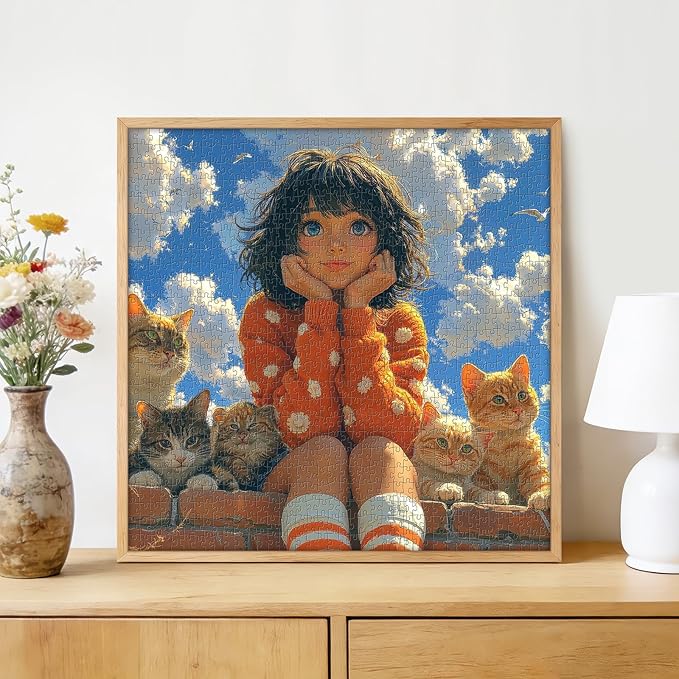 Whimsical Girl & Cats 1000 Piece Jigsaw Puzzle for Adults - Heartwarming Sky Scene with Fluffy Clouds, Poster & Lettered Back, 22.8" Square HD Quality, Unique Gift for Cat Lovers