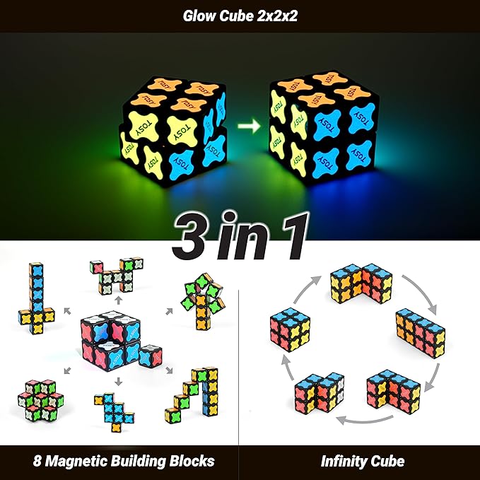 TOSY Magnet Cube 2x2 - 8 Blocks, 2in1 Toy: 2x2x2 Puzzle Cube and Customizable Infinity Cube, Easter Basket Stuffers Gifts for Kids/Grandkids, Glowing with UV Flashlight, Sensory/STEM Toy
