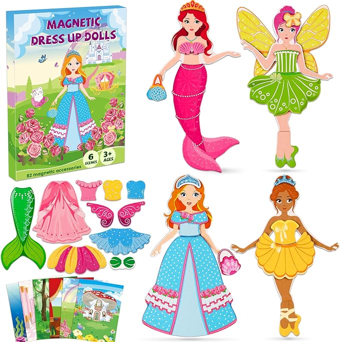 Magnetic Dress Up Dolls for Girls,Princess Mermaid Fairy Ballerina Magnet Dolls Dress Up Kits,Car Road Trip Airplane Activity Travel Games Toys Birthday Gift for Girls Ages 3 4 5 6 7