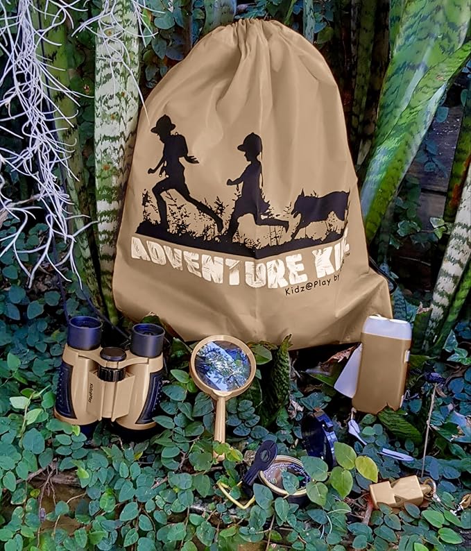 Tan Adventure Kidz Outdoor Exploration Kit, Children’s Binoculars, Flashlight, Compass, Fox Whistle, Magnifying Glass, Backpack. Great Gift Set for STEM, Pretend Play