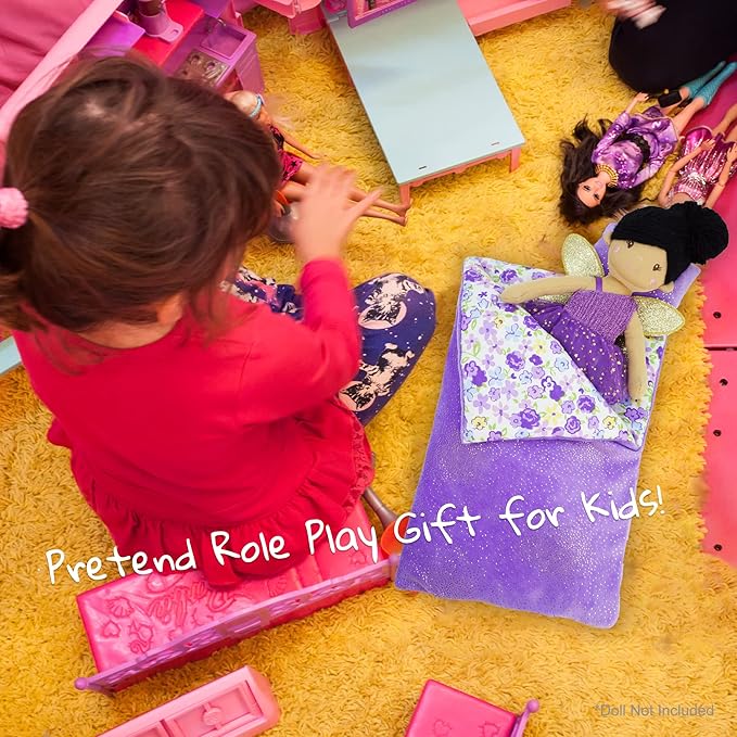 June Garden Cozy Dream Reversible Doll Sleeping Bag - 2-Piece Playset Doll Accessory with Pillow - Fits 18" American Girl Dolls - Gifts for Girls 2 3 4 Year Old