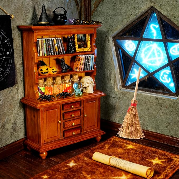 Rileryan 53 Pcs 1:12 Scale Magic Witchy Mini House Kit Halloween Miniatures Accessories Wooden Furnitures Bookshelf Bookcase 30 Mini Books Halloween Decoration
