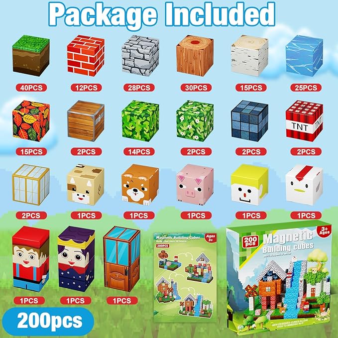 200PCS Magnetic Blocks, Magnetic Building Cube Toys for Kids, STEM Montessori Stacking, Sensory Education Toys for Toddlers Building World Set, Christmas Birthday Gifts for Kids Age 3 4 5 6 7 8 9 10