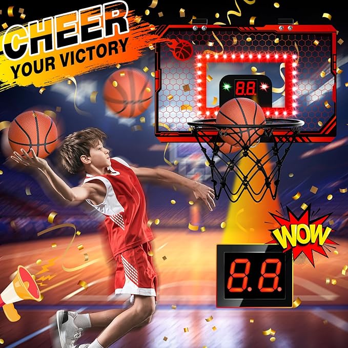 Mini Basketball Hoop Indoor, Over The Door Basketball Hoops with Led Lighting, Mini Hoop with Electronic Scoreboard & 3 Balls, Outdoor, Red, Sports Toys Gifts for 6 7 8 9 10 11 12+ Year Old Boys