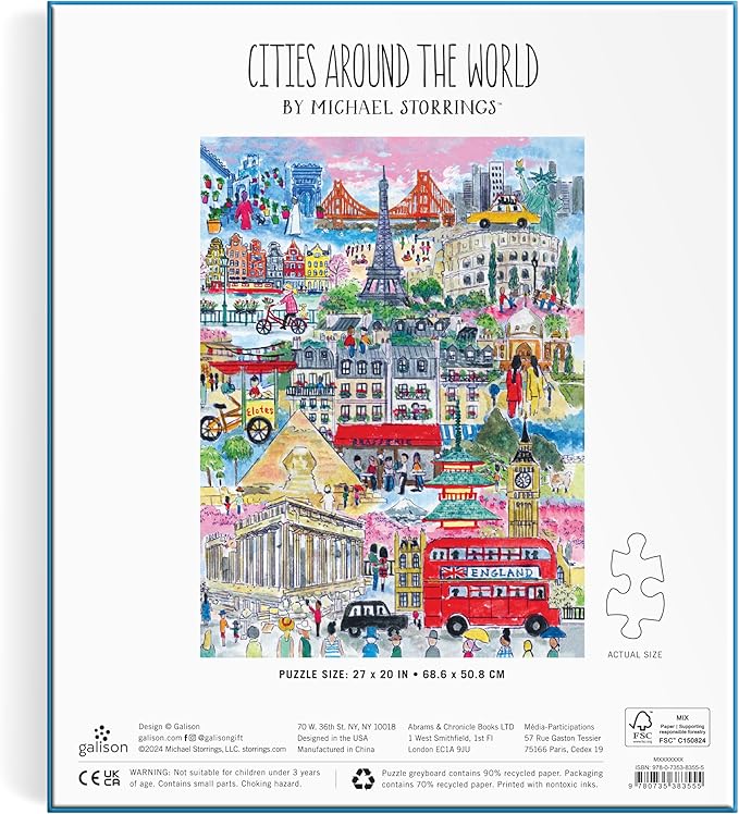 Galison Cities Around The World – 1000 Piece Michael Storrings Jigsaw Puzzle Featuring Beautiful Artwork of Famous World Landmarks