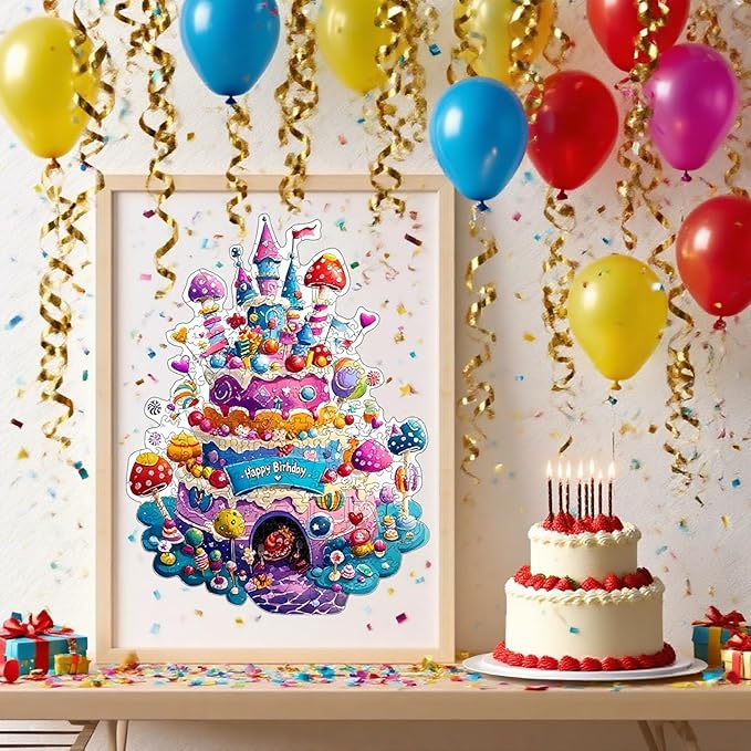 Mocfesk Birthday Cake Wooden Puzzles, Unique Shaped Wooden Jigsaw Puzzles for Adults and Kids, Small Puzzles for Grandkids, Birthday Gifts Family Games Home Decor 11.4 x 8.6 in