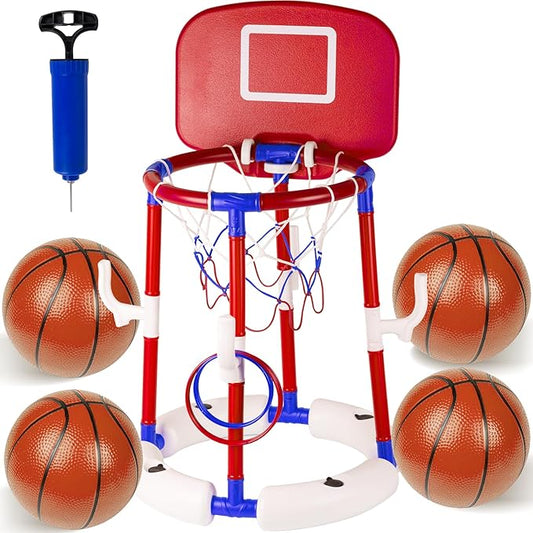 2-in-1 Floating Pool Basketball Hoop with Backboard, 4 Balls, 6 Rings & Pump, Stable Water Basketball Hoop & Ring Toss Pool Games for Ages 4-12, Summer Fun & Outdoor Indoor Family Pool Toys