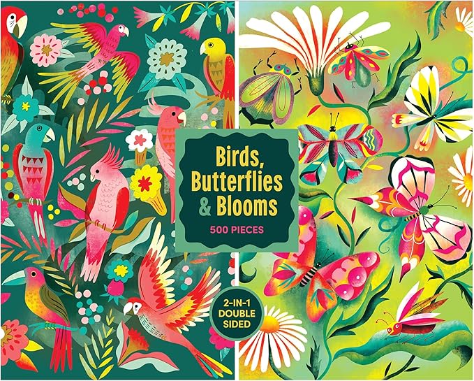 RoseArt - Birds, Butterflies & Blooms 500 Piece Double-Sided Jigsaw Puzzle – Matte & Glossy Sides– Nature Puzzle for Adults – 2-in-1 Puzzle with Poster