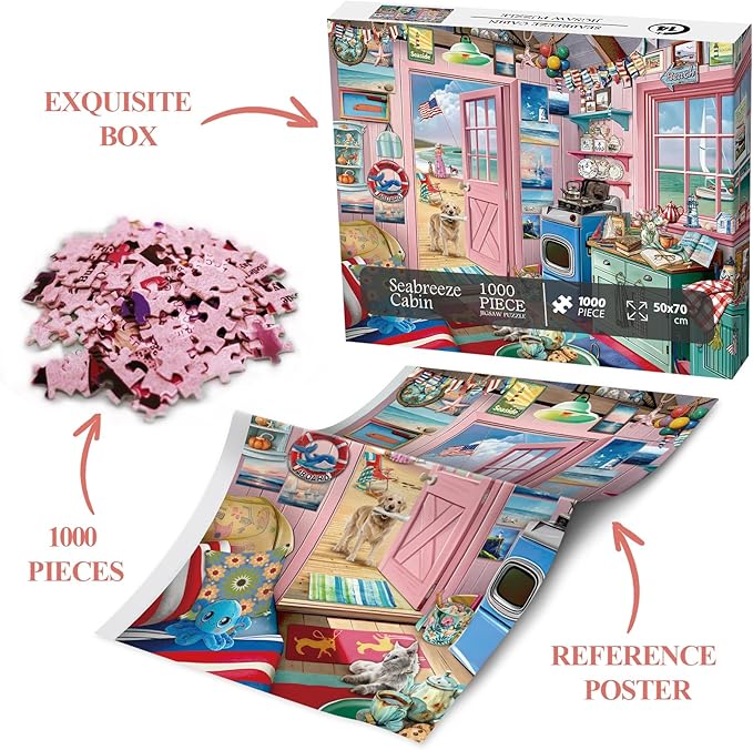 Beach Summer House Puzzle for Adults 1000 Piece, Ocean Seashore Retreat Jigsaw Puzzles, Hawaii Cabin Scenery Puzzles for Home Decor