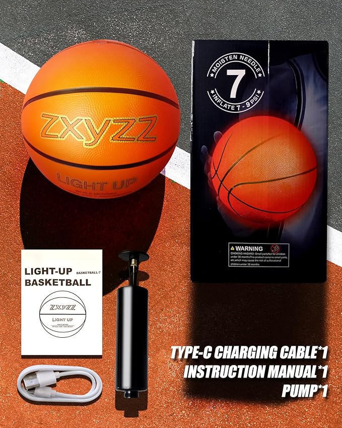 Rechargeable Glow in the Dark Basketball, LED Light Up Basketball with Accessories, Cool Toys for Birthday Easter Gifts Ideal, Stuff Ages for 8 9 10 11 12 13 14 15 Years Old Boys Kids Teenage Youth