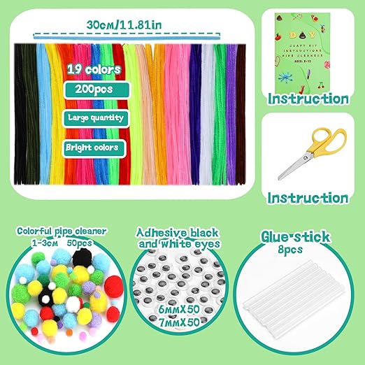 Zlulary 200 Pcs Pipe Cleaners Craft, Pipe Cleaners Chenille Stem, Pipe Cleaners for Crafts, Pipe Cleaners Craft Supplies with Instructions, Pom Poms, Pipe Cleaner Art Kits