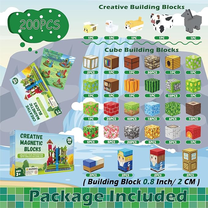 200 PCS Magnetic Blocks - Upgraded STEM Building Toys for Kids Featuring 5 Colorful Animal-Shaped Blocks, Magnetic Tiles for Kids 3+ Boys and Girls Christmas Birthday Gifts