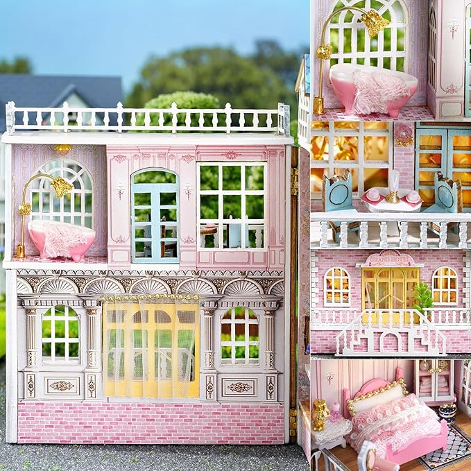 TuKIIE DIY Miniature Dollhouse Kit with Furniture, 1:32 Scale Creative Room Opened & Closed Mini Wooden Doll House for Kids Teens Adults(Romantic Castle)