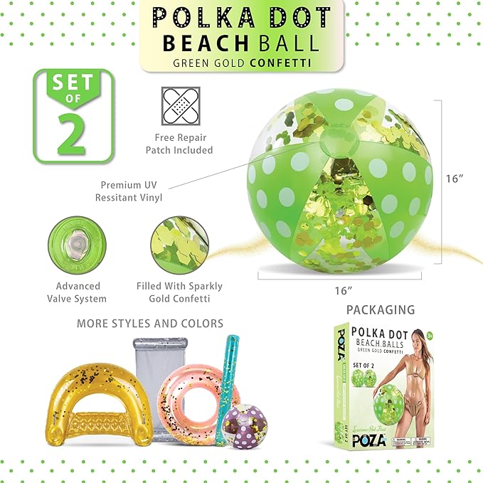 POZA Inflatable Beach Balls - Elegant Glitter Confetti Premium Floaters, Heavy Duty Vinyl Floatation Pool Toys for Pool Beach Party, UV Resistant Pool Décor