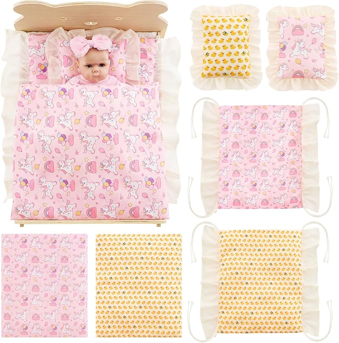 Halloscume 6 Set 18 Inch Doll Bedding Accessories Set, Included Comforter, Mattress, Pillow Cute Accessories- Fits 18 Doll Beds, Bunkbeds, Cribs and Cradles, Featuring Pretty Lace and a Securing Cord