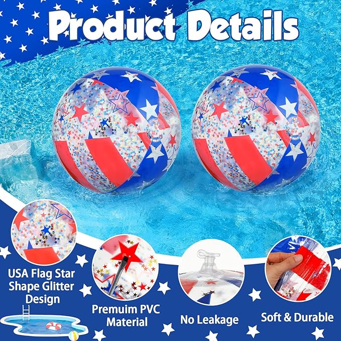 12 Pack 4th of July Sequins Beach Balls 16" Patriotic Flag Pool Ball American Party Decoration PVC Jumbo Sport Ball for Adults Independence Day Summer Beach Swimming Pool Water Game Party Favor
