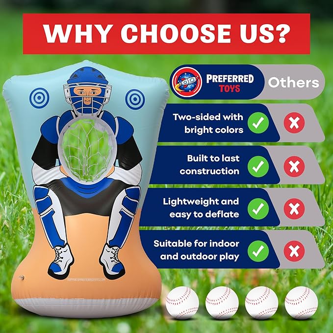 Inflatable Baseball Pitching Target for Kids 3 and Above - Double-Sided Throwing Toss Game with 4 Soft Balls - Indoor Outdoor Baseball Toys Training Equipment - Red/Blue