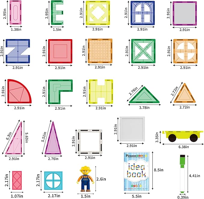 PicassoTiles Mega Magnetic Building Block 350 Piece Set Magnet Tile Construction Blocks with Car Base, Character Figures, Markers, Whiteboard, 110+ Page Ideabook Included for Ages 3 Up STEM Learning