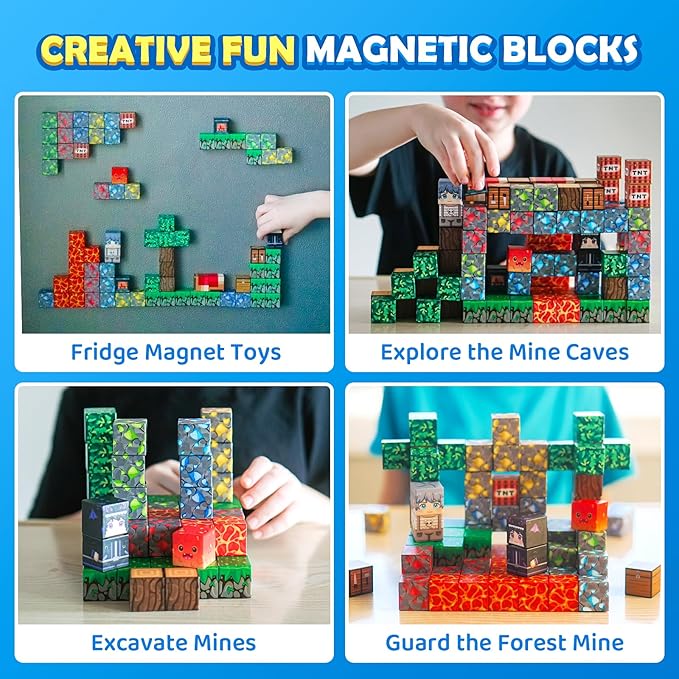 Soyee Magnetic Blocks - Build Mine Magnet World Forest Mine Set Magnet Building Blocks Kids Toys for 3+ Year Old Boys & Girls 1'' Magnetic Cubes STEM Sensory Building Toys Kids Game Xmas Gifts