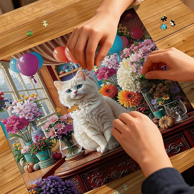 Jigsaw Puzzles for Adults 1024 Pieces - Challenging Fun Puzzles Stunning Art Wall Decor, Gift for Adult Puzzle Lovers, Family Game, Flowers & White Cat