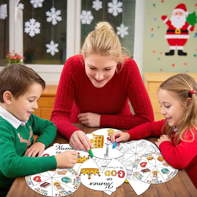 COcnny Religious Christian Craft for Kids - 24 Sets Color Your Own God’s Name Art Craft Cards, DIY Coloring God Wheel Paper Kit for Church Sunday School Home Class Bible VBS Activities